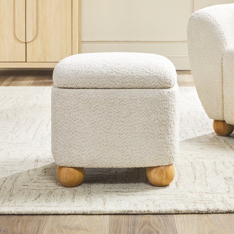  Contemporary Bouclé Upholstered Small Storage Ottoman With EZ  Assembly Wood Legs, Ivory