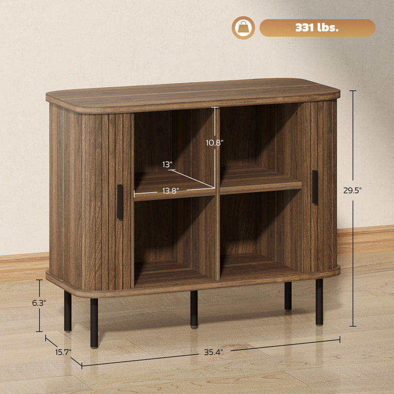 Walnut Nordic Sideboard - Slatted Tambour Sliding Doors, Decorative Storage Cabinet For Kitchen/living Room