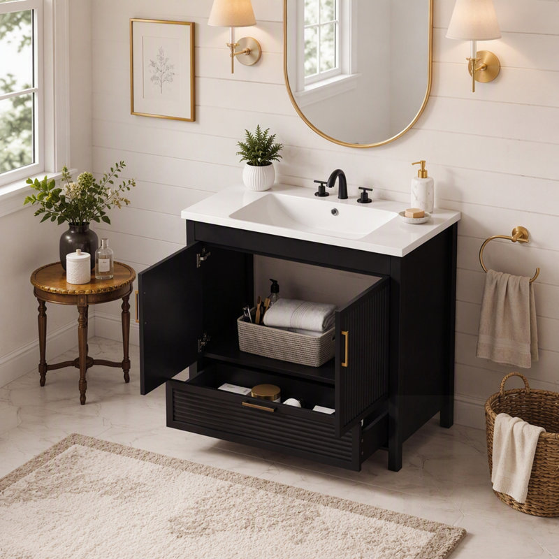 Meuble-lavabo sur pied avec lavabo, portes à fermeture amortie, tiroir à extension complète et panneaux ondulés au fini chêne.