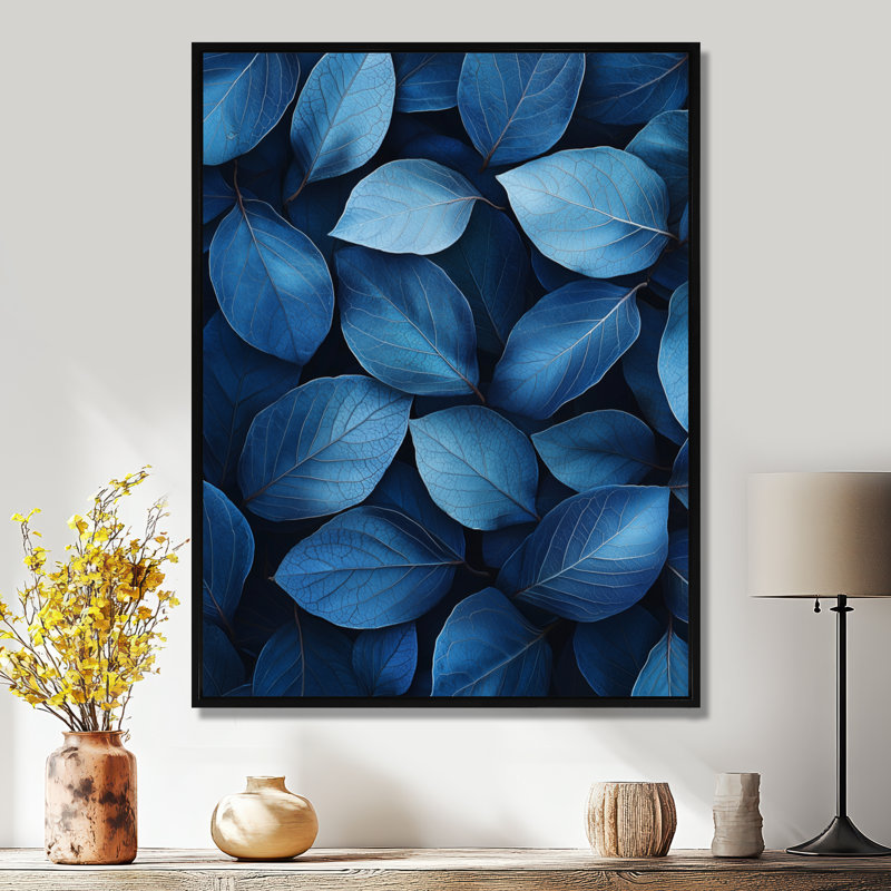Durham Midnight Blue Leaves Tranquility II - feuilles, art mural encadré, Noir, Reproduction avec cadre flottant