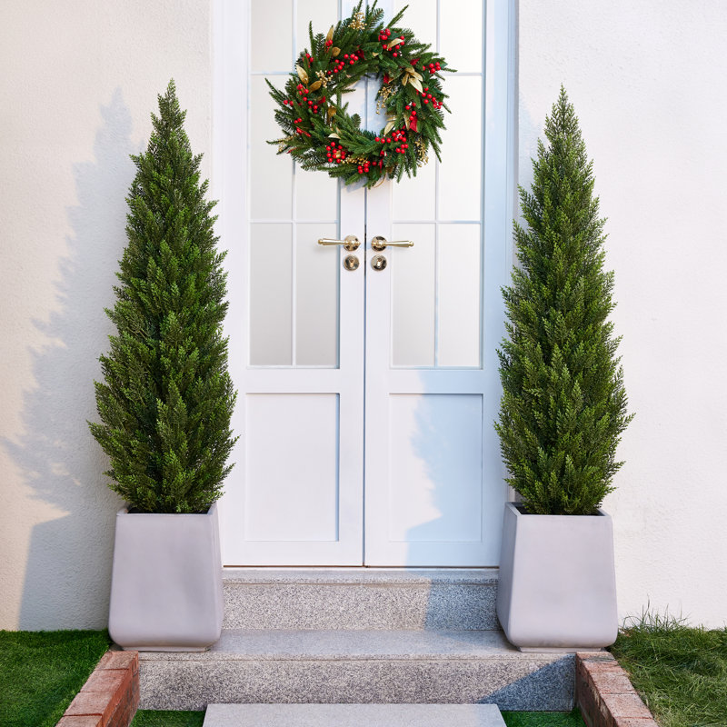 Faux Cypress Topiary Trees in Pot, Set of 2, UV Resistant Pre-Potted Evergreen with Realistic Thick Trunk, Black Cement Pot for Front Door, Porch & Entryway (Cedar-Look)