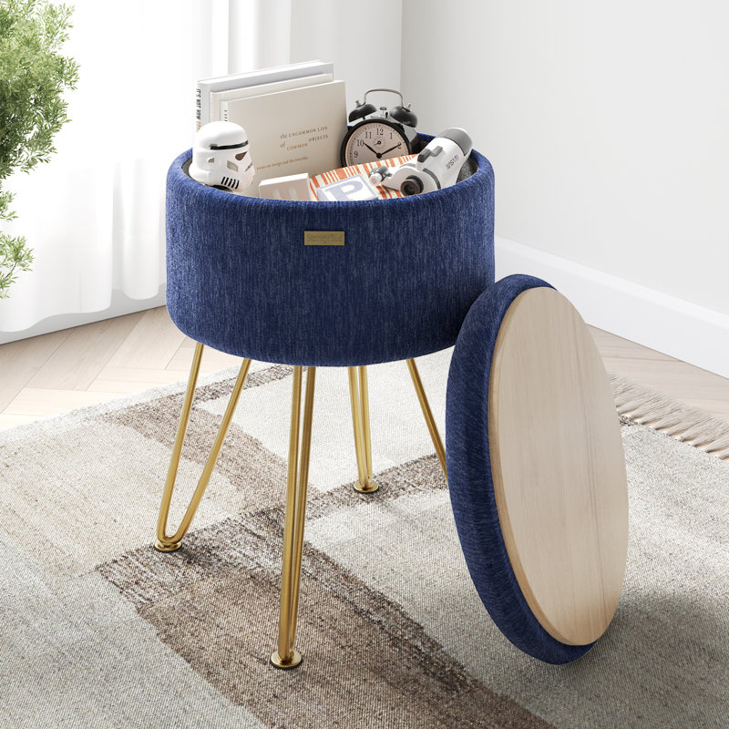 Round Textured Velvet Ottoman with Storage, Blue, Gold