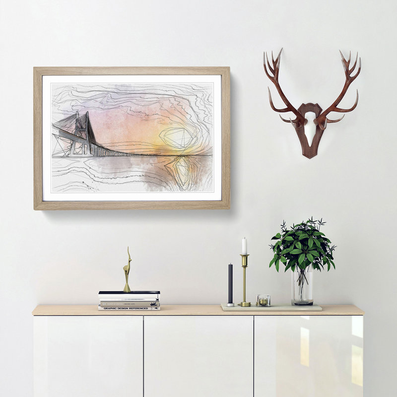 Vasco da Gama Bridge in Portugal in Abstract - Picture Frame Graphic Art Print, 35cm H x 50cm W x 2cm D, Oak