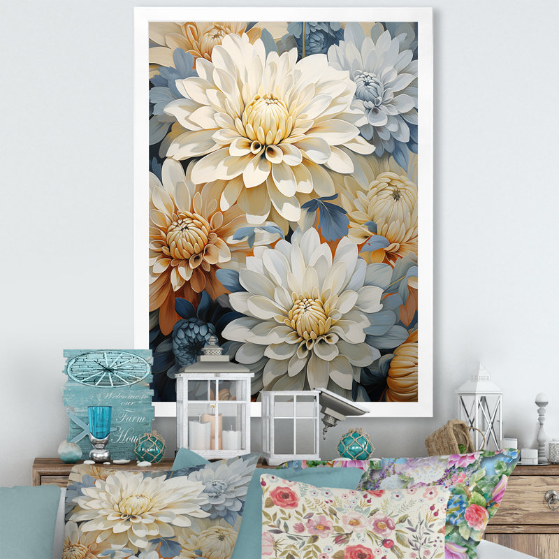Blooming Mums, peinture en beige et bleu sur toile, H 40 po x l 30 po x P 1,5 po, Cadre simple blanc