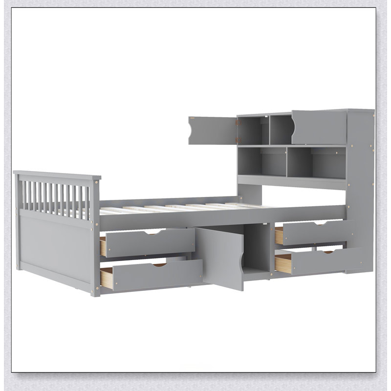 Captain Platform Bed Frame With Storage Bookcases And Shelves,Four Drawers, Gray