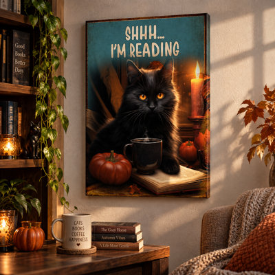 Shhh I'm Reading Black Cat With Pumpkins Wrapped Canvas Wall Art - Living Room, Bedroom, or Office Décor