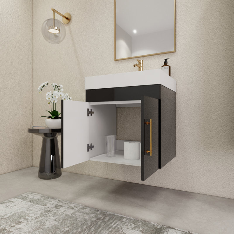 23.6" Wall-Mounted Single Bathroom Vanity Set, Glossy Black