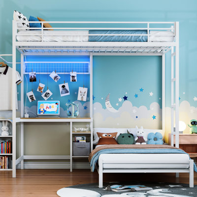 Lit superposé simple en forme de L avec bureau, tiroirs et tablettes de rangement, garde-corps, style moderne, adapté pour une utilisation dans la chambre à coucher