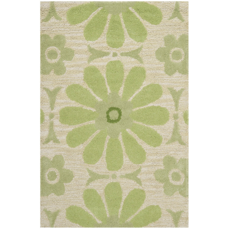 Tapis beige / vert en laine / coton crocheté à la main Claro, Rectangle 2 pi x 3 pi