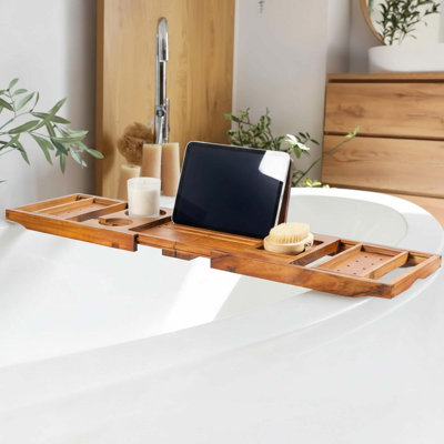 Natural Teak Bathtub Tray Caddy with Wine Glass Holder Phone Dock Book Stand for Hands-Free Reading Spa Relaxation