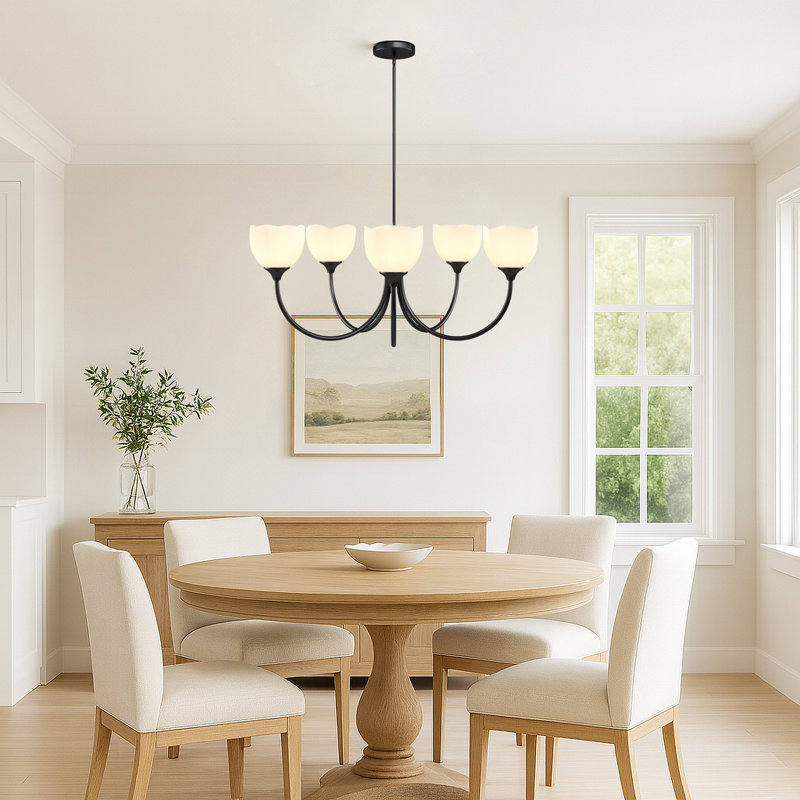 Lustre en métal 5 lumières avec abat-jour en verre givré 33,27 "Blossom, Noir mat