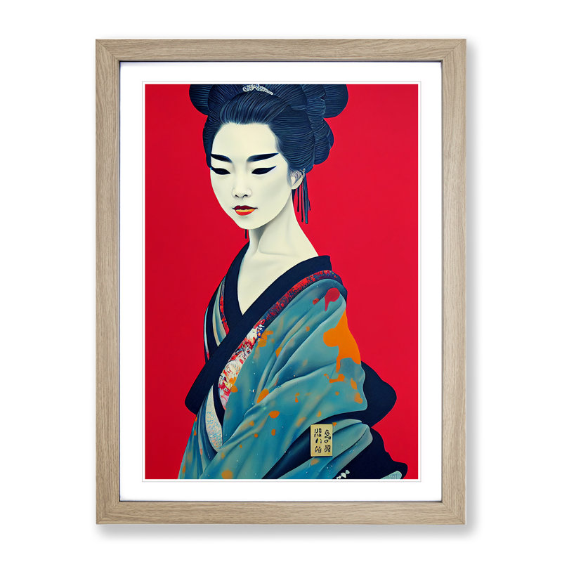 Charismatic Geisha - Wall Art, 36cm H x 27cm W x 2cm D, Oak Framed, White