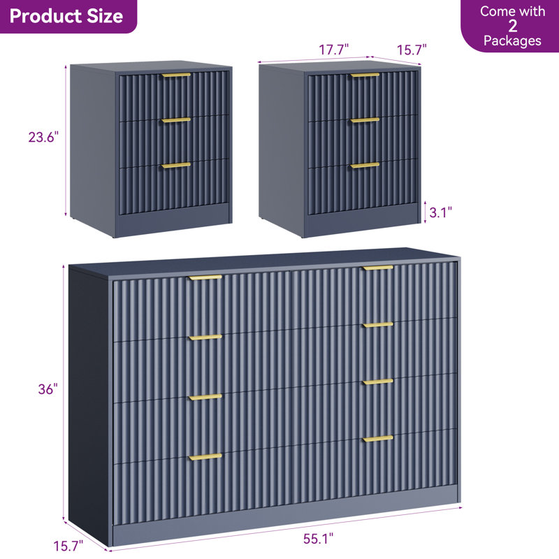 Ensemble de commode et table de chevet 3 pièces pour chambre à coucher, commode cannelée 8 tiroirs 55 po