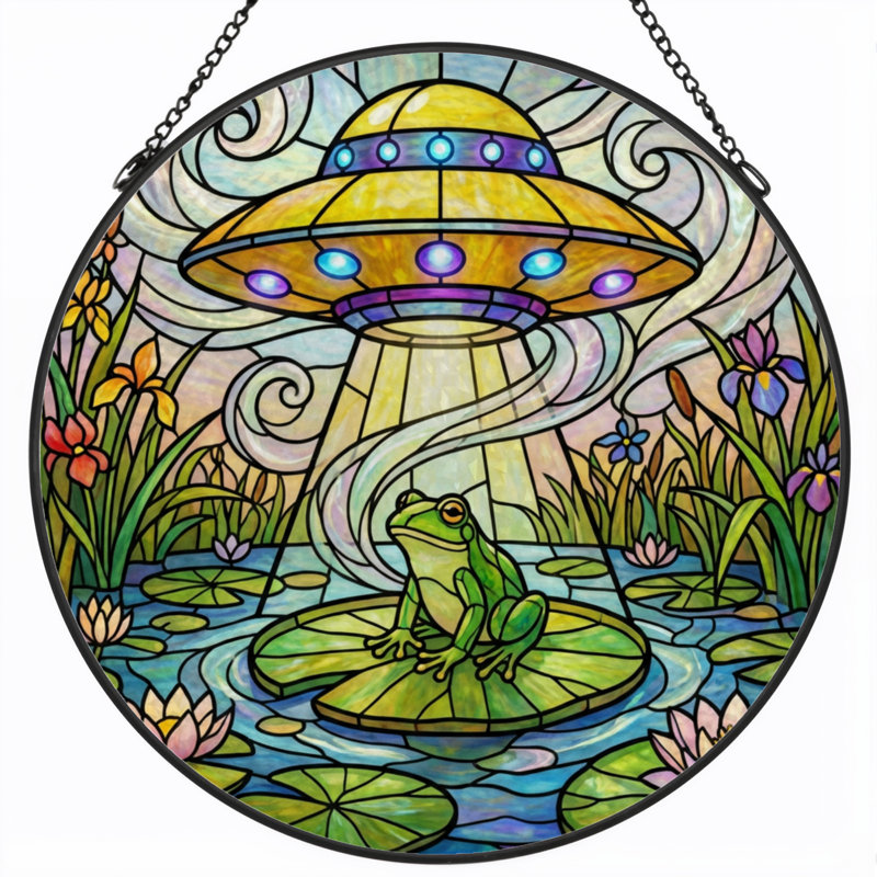 Panneau de vitrail 12 "H Frog Ufo, H 12 po x l 12 po