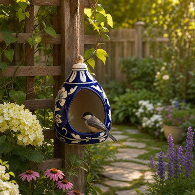 Modern Ceramic Outdoor Hanging Bird House For Garden Decor - Decorative Patio Accent Design With Artisan Style For Yard Decoration - 12", Blue