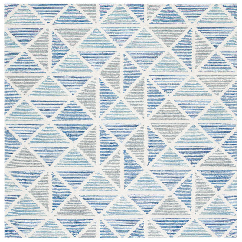 Kollman Hand Tufted Wool/Cotton Geometric Rug in Ivory/Blue, Square 6'