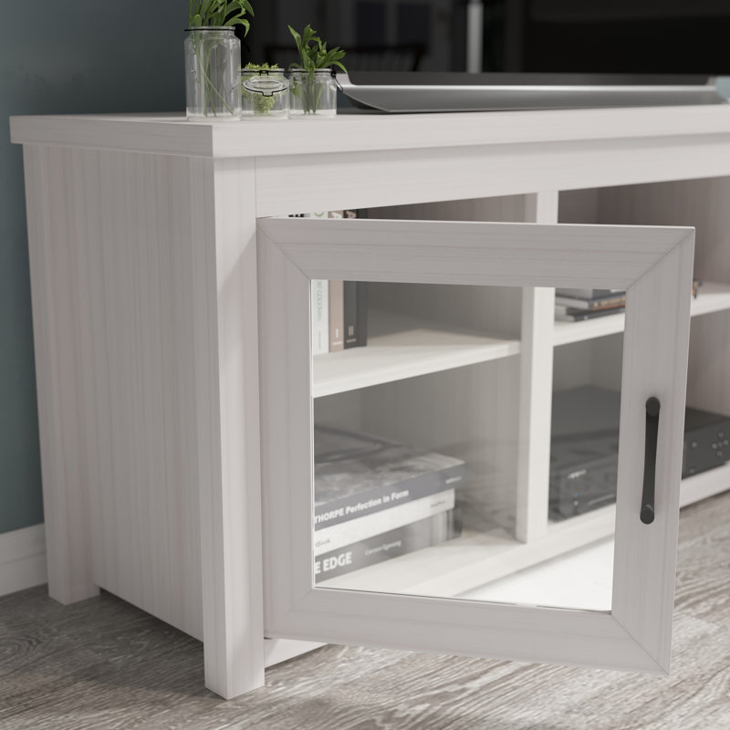 Modern White Wash 65" Engineered Wood TV Stand with Glass Doors
