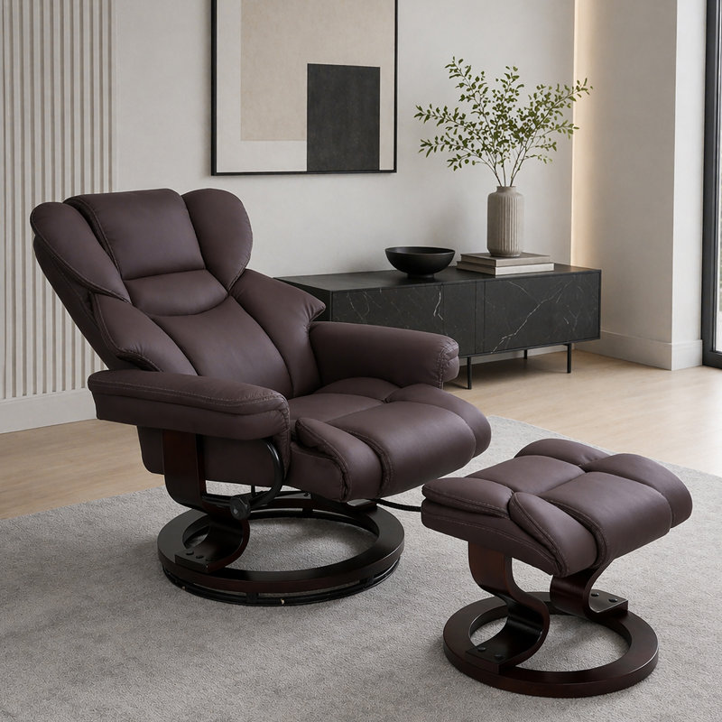 Fauteuil inclinable de massage à 8 points avec repose-pieds, fauteuil inclinable chauffant en cuir pour chat, base en bois cintré, fauteuil télé d'intérieur avec repose-pieds pour le salon et la chambre à coucher, brun