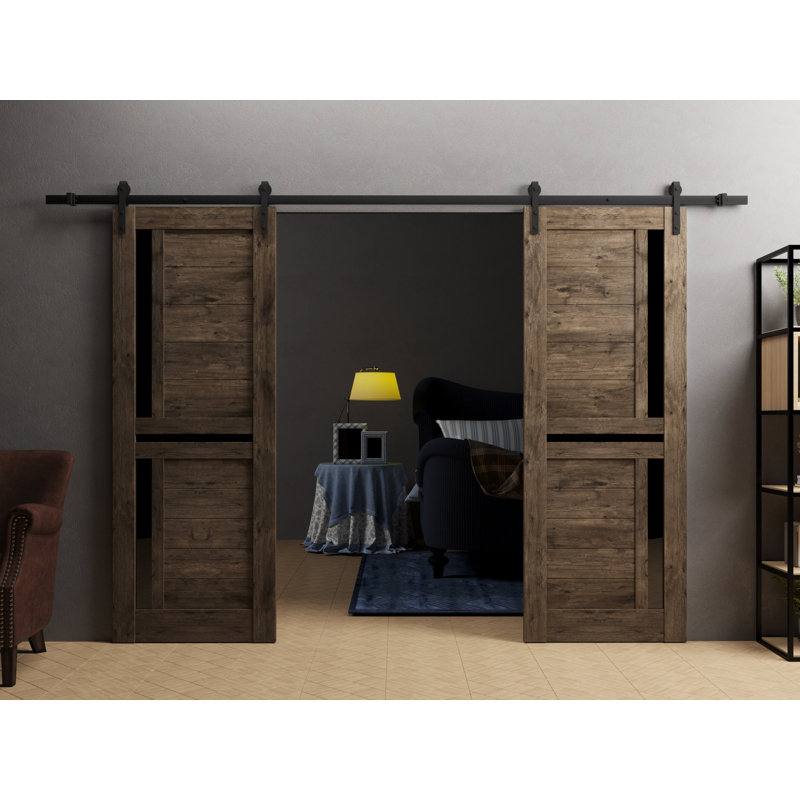 Sturdy Double Barn Door With | Veregio 7588 Cognac Oak With Black Glass | 13FT Rail Hangers Heavy Set | Solid Panel Interior Doors