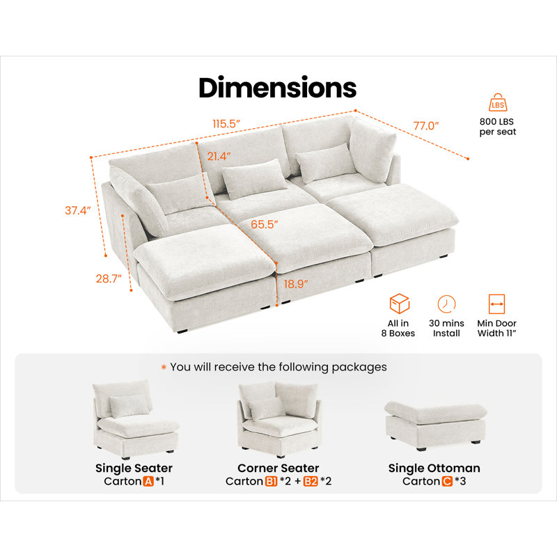 6 Seater Chenille Oversized Modular Sofa Extra Deep Cloud Corduroy Sectional Couch With Ottoman Chaise Fsc Certified Fluffy Sofa Bed 