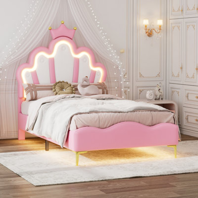 PU Upholstered Princess Bed with Crown & Curved Headboard
