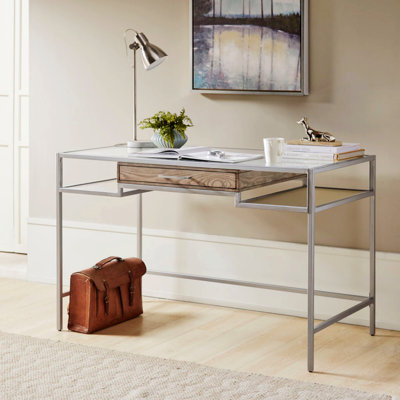 Adela Writing Desk For Home Silver Metal Design With Tempered Glass Top Light Finish Floating Drawer