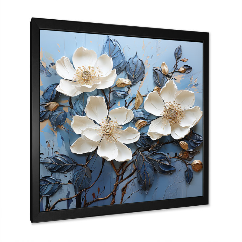 «Magnolia Blooming II» bleu et blanc sur toile, Cadre simple noir, H 16 po x l 16 po x P 1 po