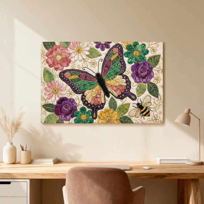 Animaux, papillon, fleurs, abeilles et feuilles, motif artistique, Toile tendue, Ne s’applique pas, H 24 po x l 36 po