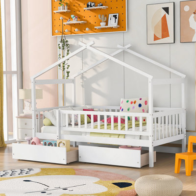 Wooden House Bed with Two Drawers