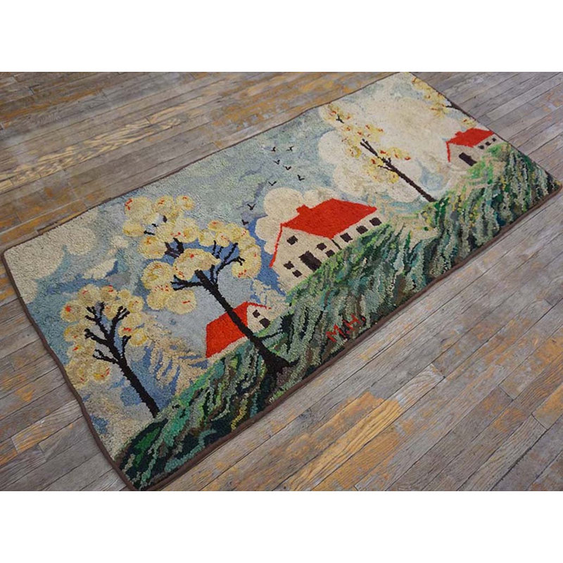 Antique American Scenic Folk Art Farm Cabin Design Hooked Rug