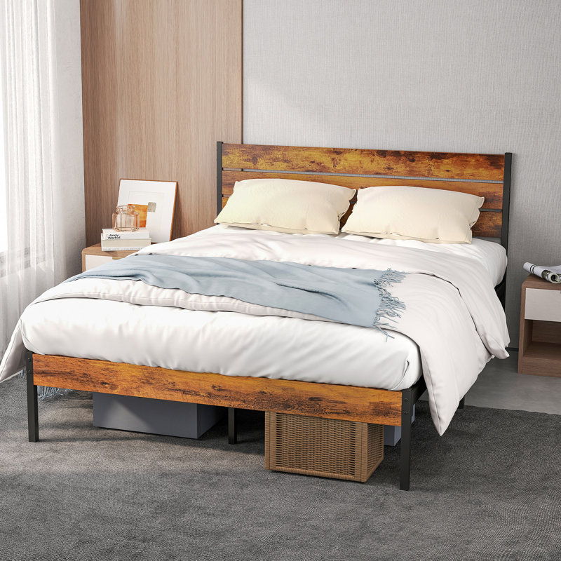 Metal Bed Frame with Wood Headboard, Under-Bed Storage Space, Noise Free Design, Queen