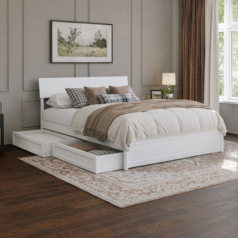Norla Twin XL Wood Platform Bed with Footboard and Storage Drawers, White, Queen, White