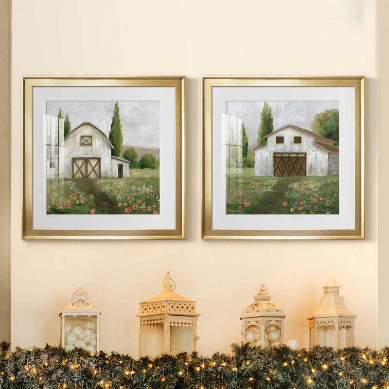 Country Barn I - ensemble de 2 reproductions d'art, H 17,5 po x l 35 po x P 1,5 po, Papier encadré doré, Blanc
