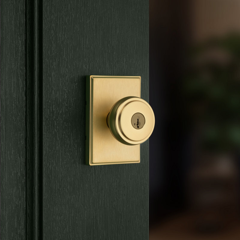 Sora Keyed Entry Knob w/ Rectangular Rose featuring SmartKey Security, Satin Brass