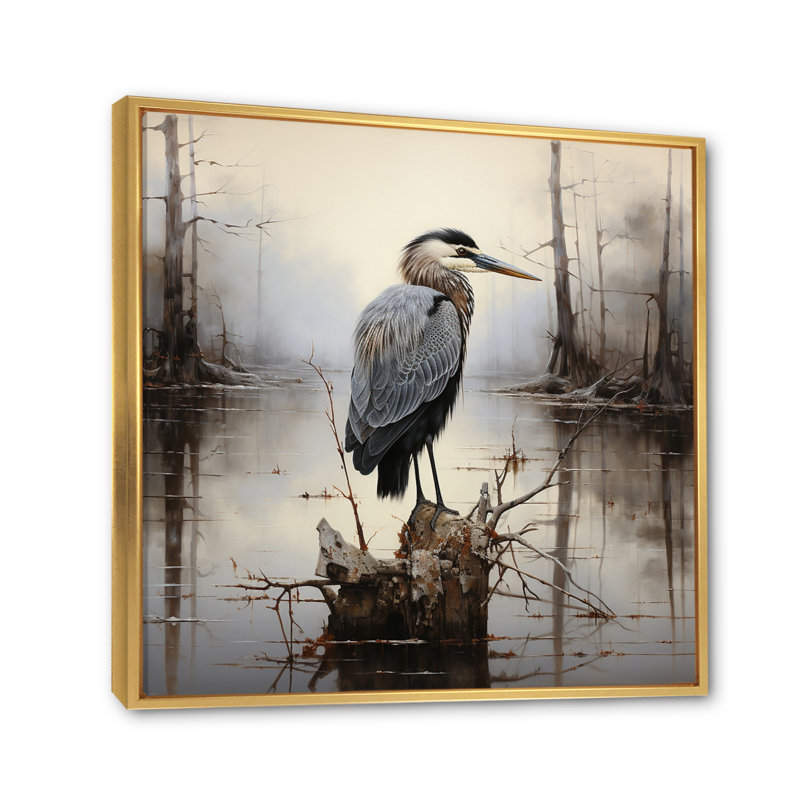 Heron Solitary Reflections Pointillism I - Animals Canvas Print, Cadre flottant doré, H 30 po x l 30 po x P 1 po