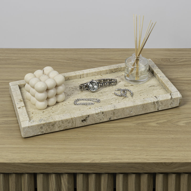Luxe Stone 12" x 6" Classic Minimalist Rectangular Marble Bathroom Countertop Tray, Travertine Marble