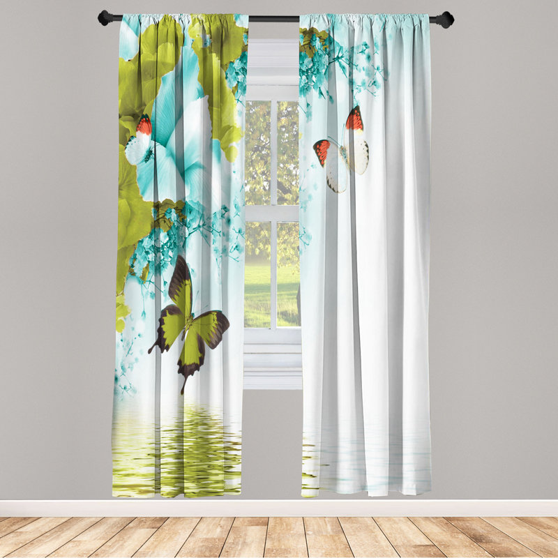Microfiber Floral Semi-Sheer Rod Pocket Curtain Panels, 28" W x 95" L, Yellow Green/Turquoise