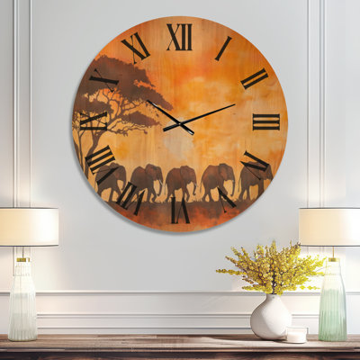 Extra Large Wildlife Wood Wall Clock – Elephant March at Sunset