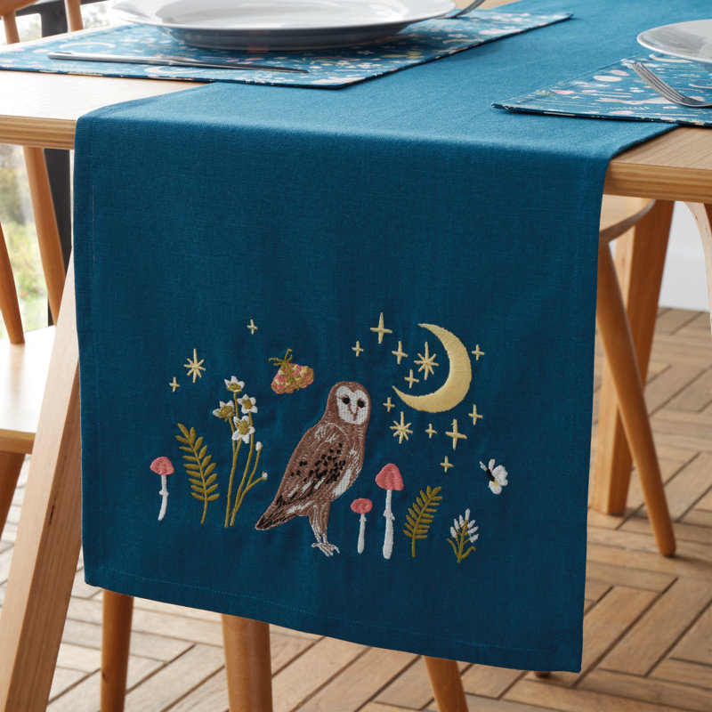 Enchanted Twilight Animals Cotton Dining Table Runner, Navy Blue