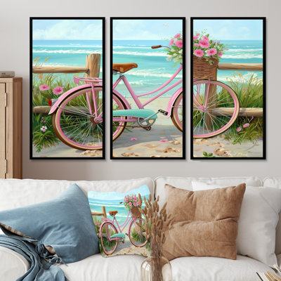 Bicyclette rose avec roses roses sur un chemin de plage - ensemble de décoration murale bord de mer