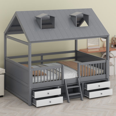 Wooden Bunk Bed With Ladder And Safety Guardrail, Convertible Into 2 Separated Beds