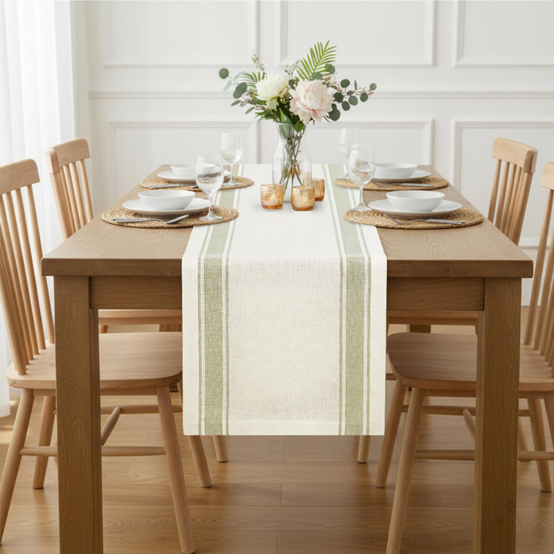 Country Stripe - 100% Pure Linen Table Runner, Cream/Sage Green, 132" x 14"