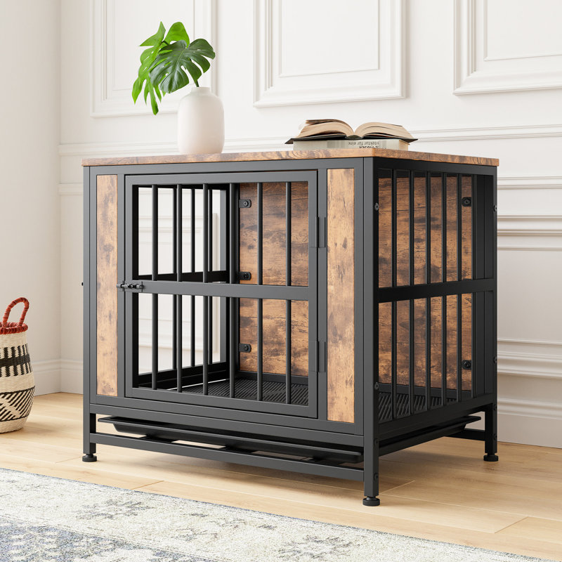 Chenil noir brun avec repose-pieds réglable en hauteur et coussin amovible + entrées latérales avant en métal pour petits animaux de compagnie