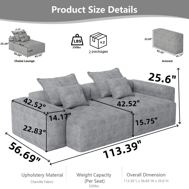 Canapé modulaire Boneless de 113 po, canapé 2 places en chenille scintillante avec 2 chaises et 4 coussins, Chenille noire