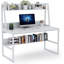 Bureau d'ordinateur de 47 pouces avec huche et bibliothèque, solution compacte de bureau à domicile pour petits espaces, poste de travail moderne avec rangement, blanc