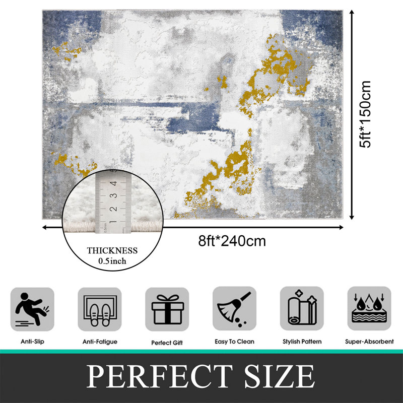 Tapis intérieur / extérieur abstrait en polypropylène à tissage plat blanc / bleu / gris / jaune