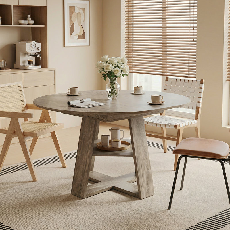 43.3"-59" Extendable Round Dining Table, Circle Kitchen Table Oval Dinner Table For 4-8, Farmhouse Dining Table With Removable Leaves Space Saving And Storage Shelf For Kitchen And Living Room, Natural