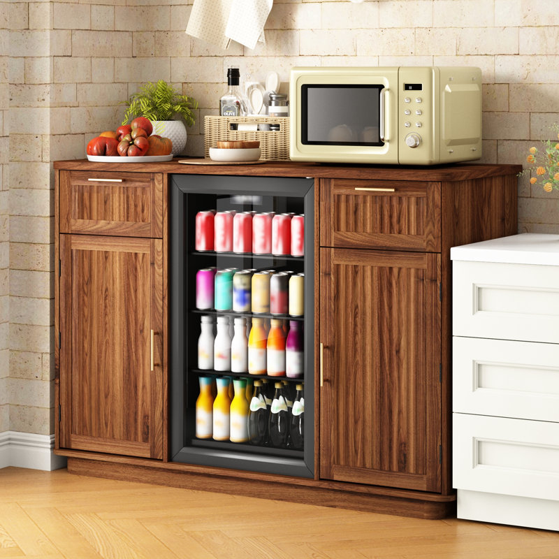 Fluted Mini Fridge Cabinet With Power Station & Stemware Rack – 38.8" Tall Buffet Sideboard Table With Storage Drawer, Bar Cabinet For Living Room