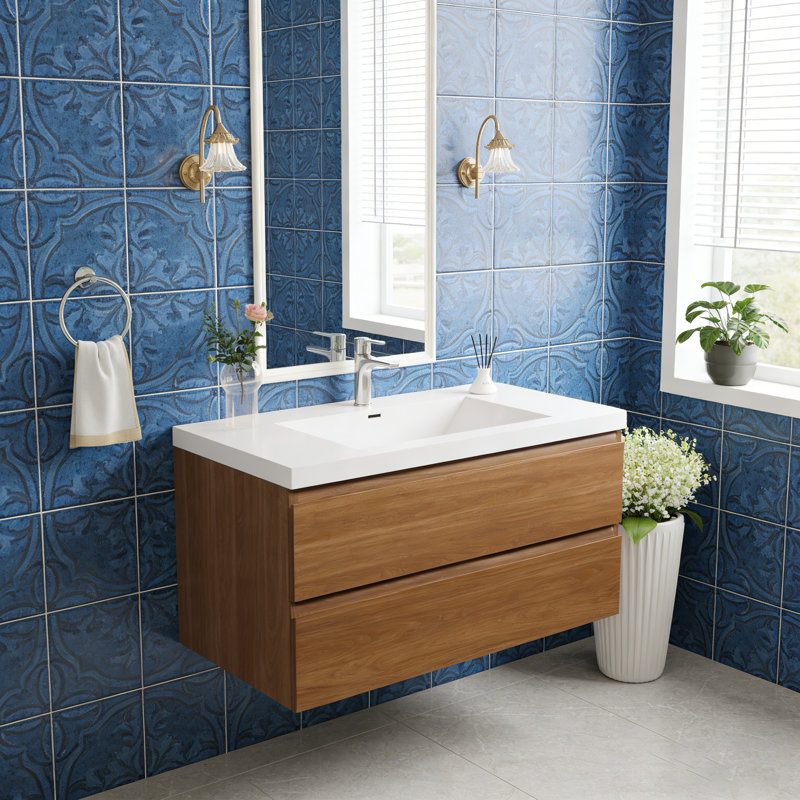Meuble-lavabo flottant de 42 po avec lavabo en résine en pierre blanche et armoire en noyer avec tiroirs à fermeture en douceur