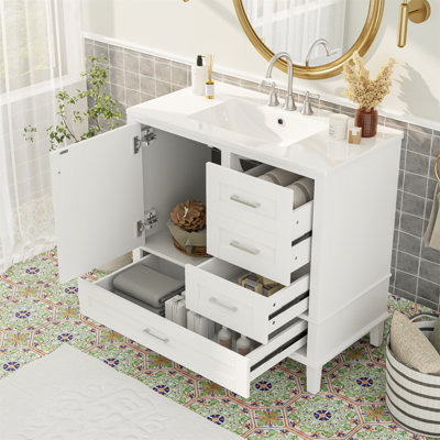 Meuble-lavabo blanc 36 po avec cadre en pin massif, porte à fermeture en douceur et 3 tiroirs pour un rangement moderne